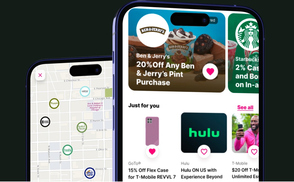 Phone screens showing brand offers and a nearby-offers map inside a loyalty app