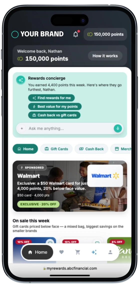 A rewards concierge home screen inside a branded app, with a sponsored Walmart offer card