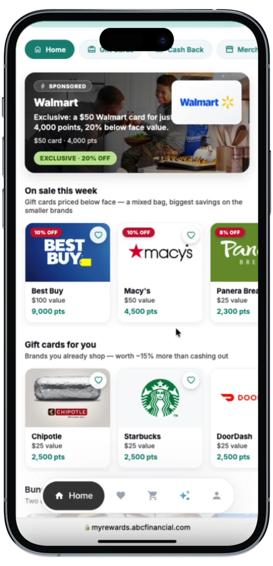 A gift-card browse grid of merchant brands inside the app