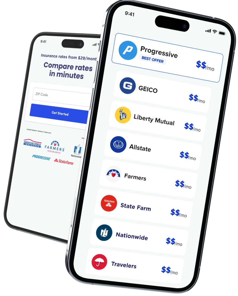 Two phones comparing insurance rates from Progressive, GEICO, Liberty Mutual, Allstate, Farmers, State Farm and Nationwide