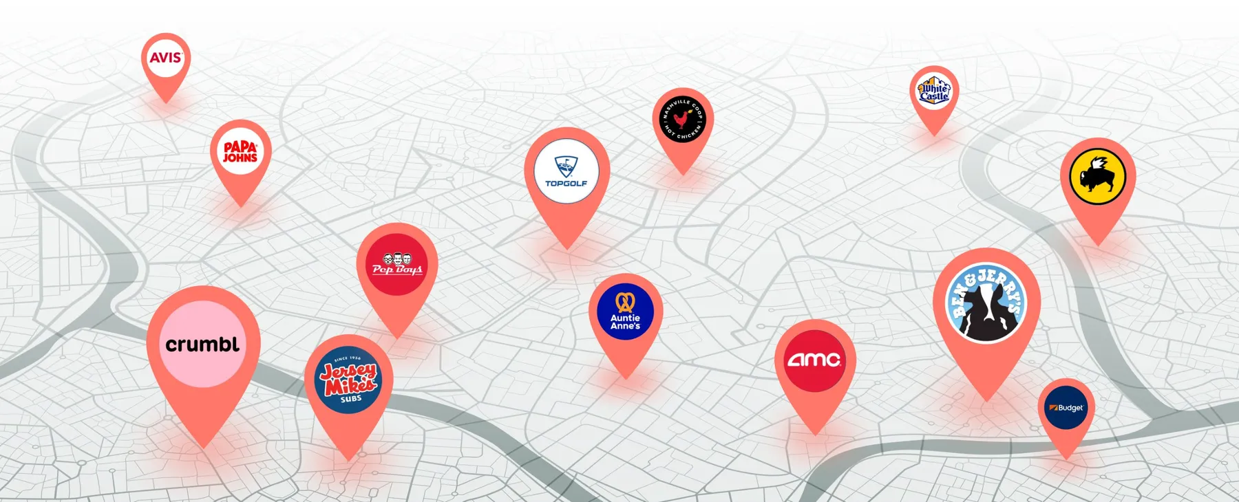 A city map pinned with local merchants including Crumbl, Papa Johns, Topgolf and AMC