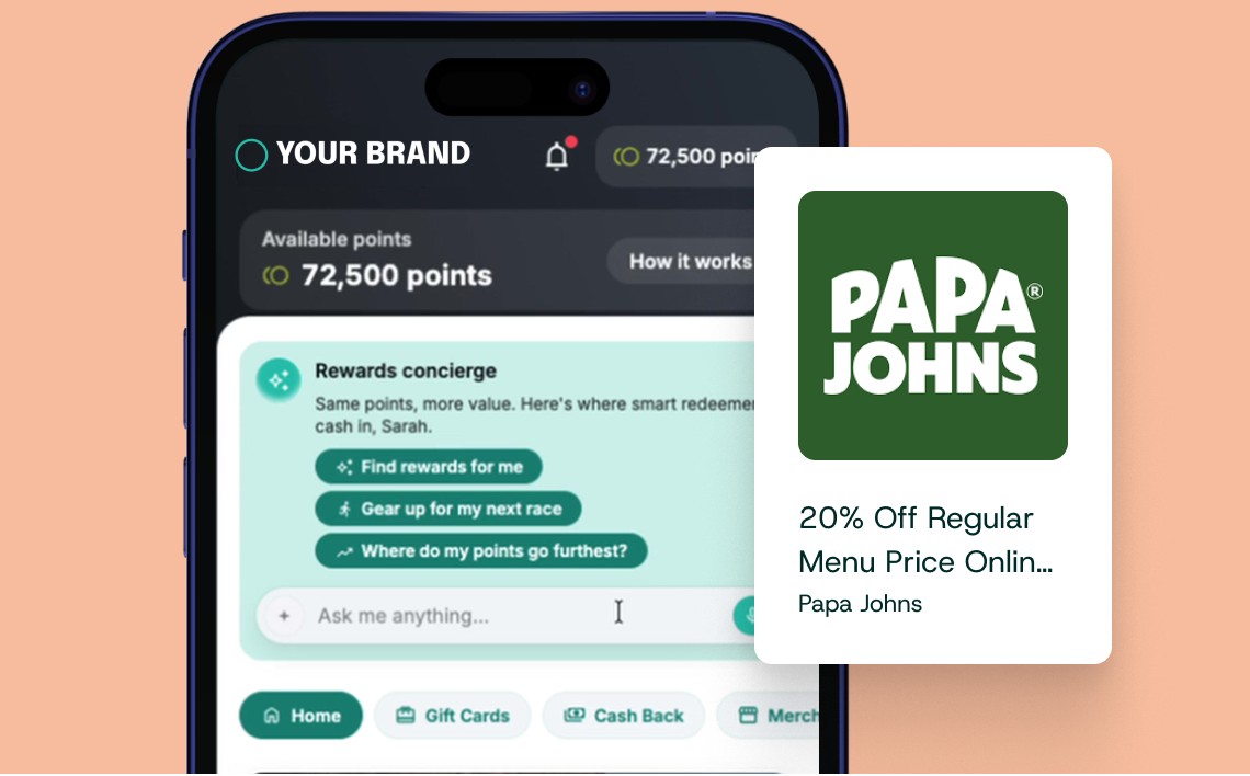 A branded loyalty app showing a points balance, a rewards concierge chat and a redeemed offer